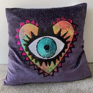 Handmade embellished heart & evil eye purple pillow!